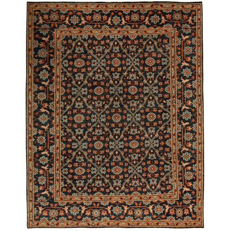 Tapis bleu / orange / brun noué à la main de haute qualité