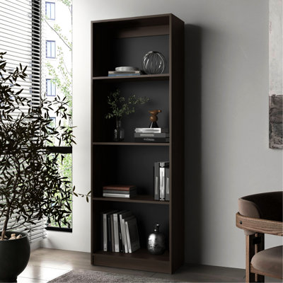 Stained Walnut Bookcase With Open Storage And 4 Shelves, Ideal For - Tier Flat Showcasing Photos, Complementary To Interior