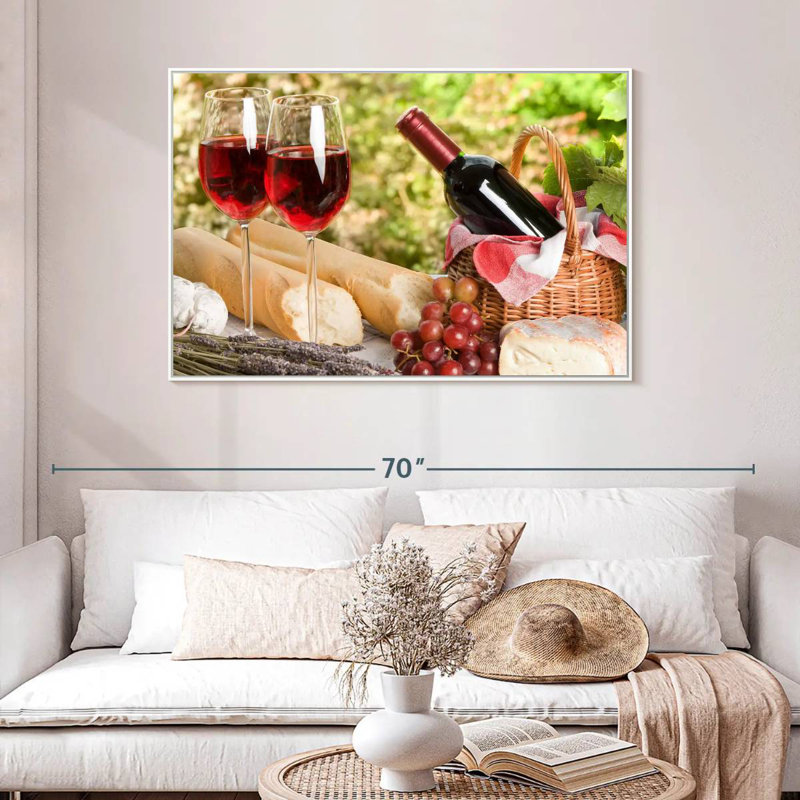 Pique-nique au vin rouge, Cadre flottant blanc, 25 po x 17 po