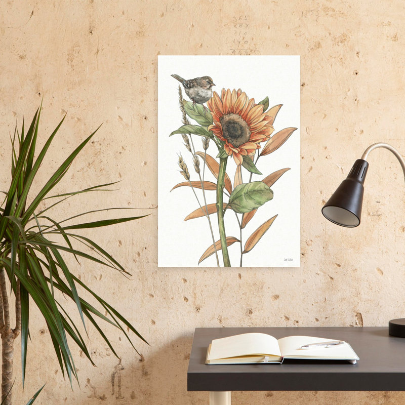 Récolte abstraite contemporaine, oiseau, tournesol, art floral d'automne, H 24 po x l 16 po