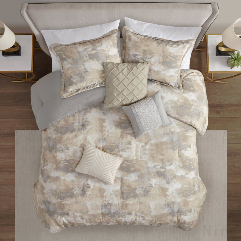 7 Piece Textured Cotton Blend Comforter Set Gray Queen