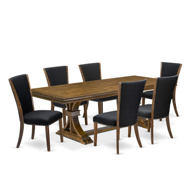 Ensemble de table de salle à manger 7 pièces Mid-Century composé d'une table de cuisine et de 6 chaises de salle à manger en tissu de lin brun clair avec dossier capitonné - finition noyer antique