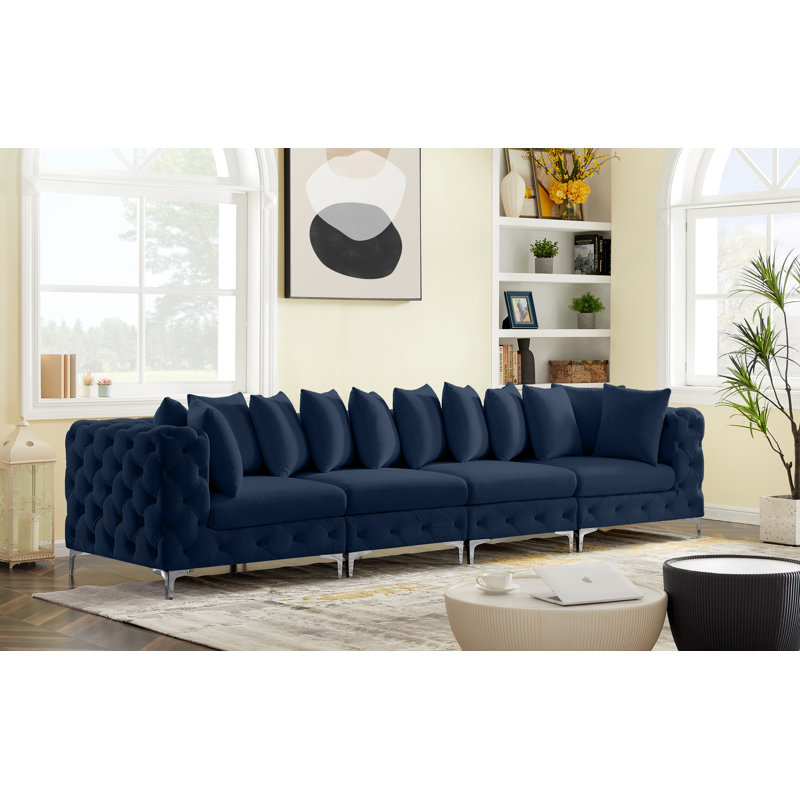 Tremblay 138" Velvet Square Arm Modular Sofa, Navy Velvet