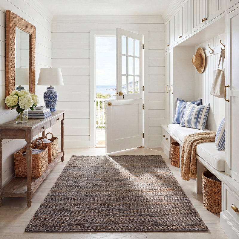 Tapis rayé beige en jute / coton tissé à la main Concord, Carré 6 pi