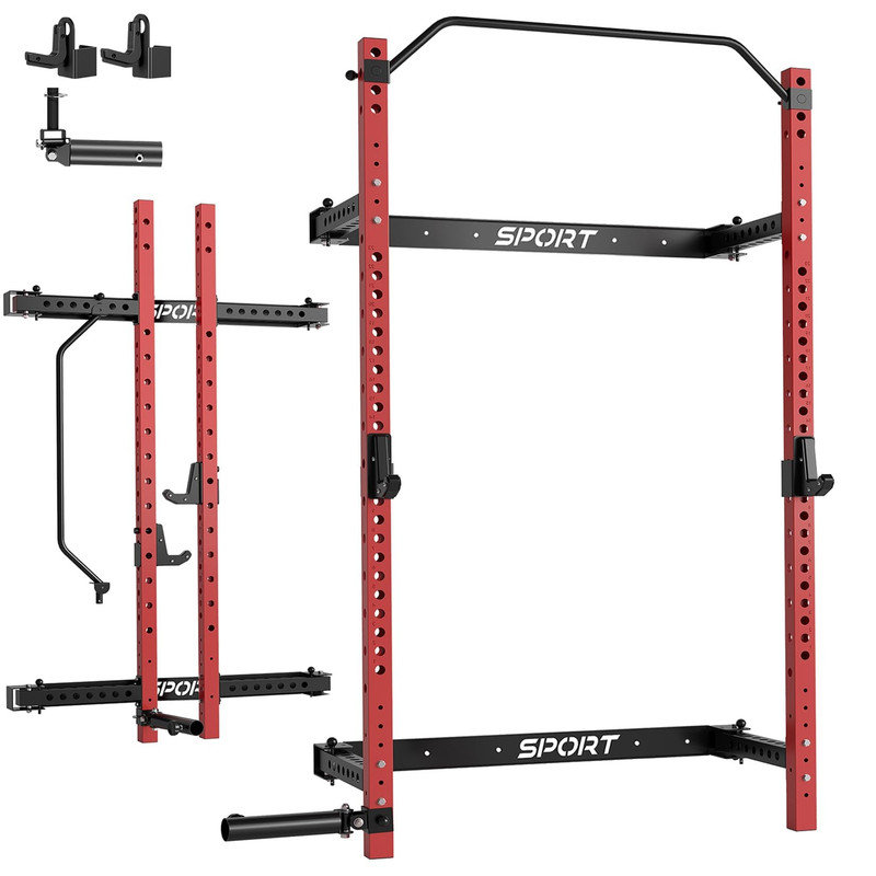 Support à squats pliable pour salle de gym à domicile, cage électrique murale avec barre de traction, crochets en J et mine terrestre - capacité de 1000 lb, peu encombrant