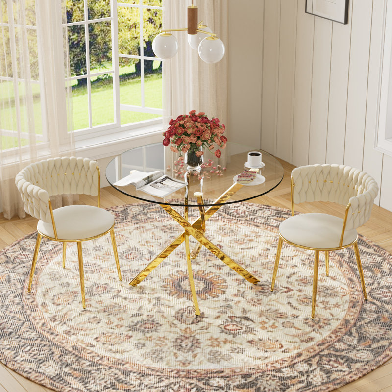 Modern Round Pedestal Dining Set with Weaven Velvet Dininig Chair, Gold, 3 Pieces: Table, 2 Chairs, Beige
