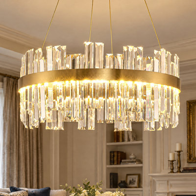 23.6" Round Crystal Chandeliers Luxury Modern Led Light Fixture,  3 Colors Dimmable Pendant Light for Dining Room Foyer with Remote Control