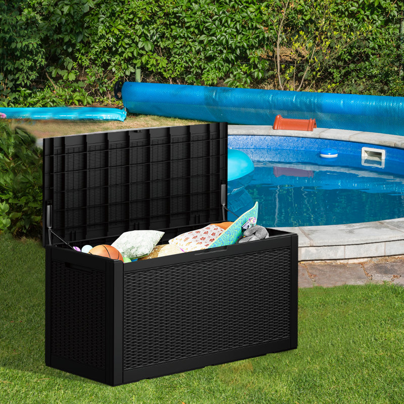 100Gallons Water Resistant Resin Lockable Deck Box(Rattan weave style), Black