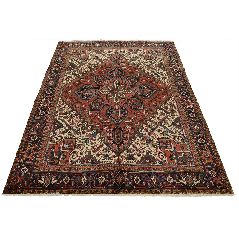 Tapis oriental en laine rouge rétro noué à la main 9 pi x 10 pi 5 po Heriz