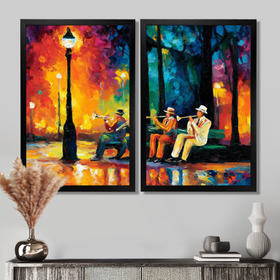 Outdoor Jazz Music In Paris - Music Jazz Canvas Prints, Yellow Vintage Wall Art Set Of 2