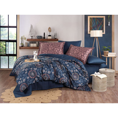 Ensemble de housse de courtepointe exclusive en satin 100% coton, bleu foncé et brun | Housse de couette 78,7 po x 86,6 po, drap plat 94,5 po x 102,4 po, comprend 2 taies d'oreiller 27,6 po x 27,6 po et 2 taies d'oreiller Oxford 19,7 po x 27,6 po | 300 f