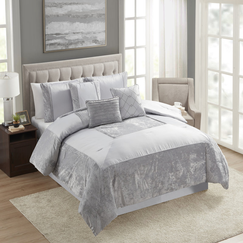 Luna 7 Piece Crushed Velvet Elegant Bedding Set By Sweet Home Collection, Gray, King Comforter + 6 Additional Pieces