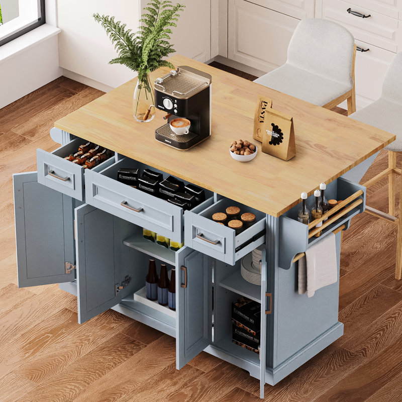 54" Large Rolling Kitchen Island With Drop Leaf, Mobile Kitchen Island With 4 Doors And 3 Drawers, Wooden Kitchen Cart On Wheels For Kitchen, Dining Room, Grey Blue