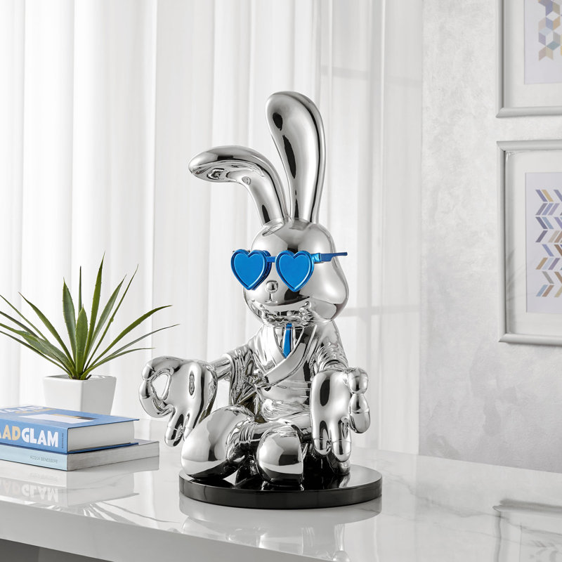 Chrome Resin Sitting Rabbit with Blue Tie and Glasses