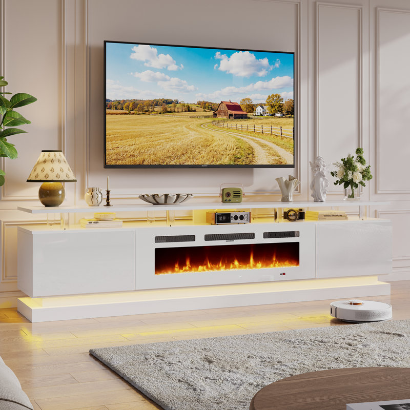 TV Stand With Fireplace, 61" H x 203" W x 35" D, White