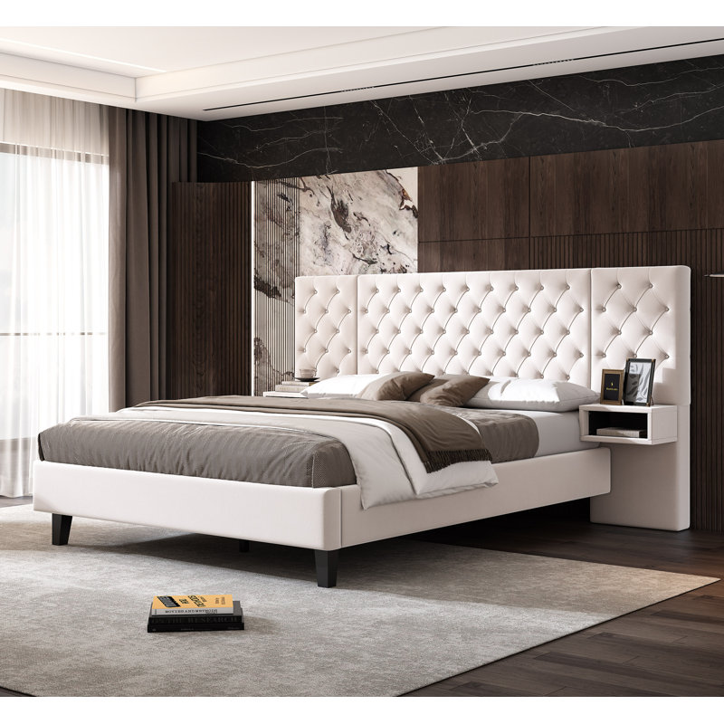 Queen Size Platform Bed with Headboard, Modern Velvet Upholstered Platform Bed with 2 Nightstands, with diamond tufted, Beige