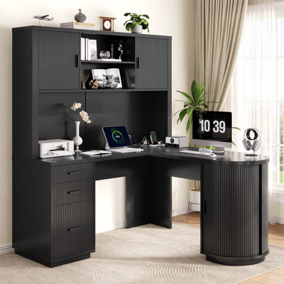 Bureau d'ordinateur en L 71 po avec huche et 3 tiroirs, bureau d'ordinateur Tambour en bois avec tiroir classeur et station de charge