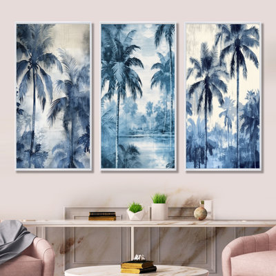 Vintage Blue Palm Trees Shadows - Palms & Palm Trees Wall Art Living Room Set Of 3