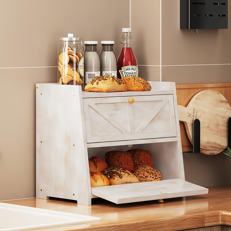 Boîte à pain rétro à double couche pour comptoir de cuisine Bac à pain en bambou grande capacité (blanc antique)
