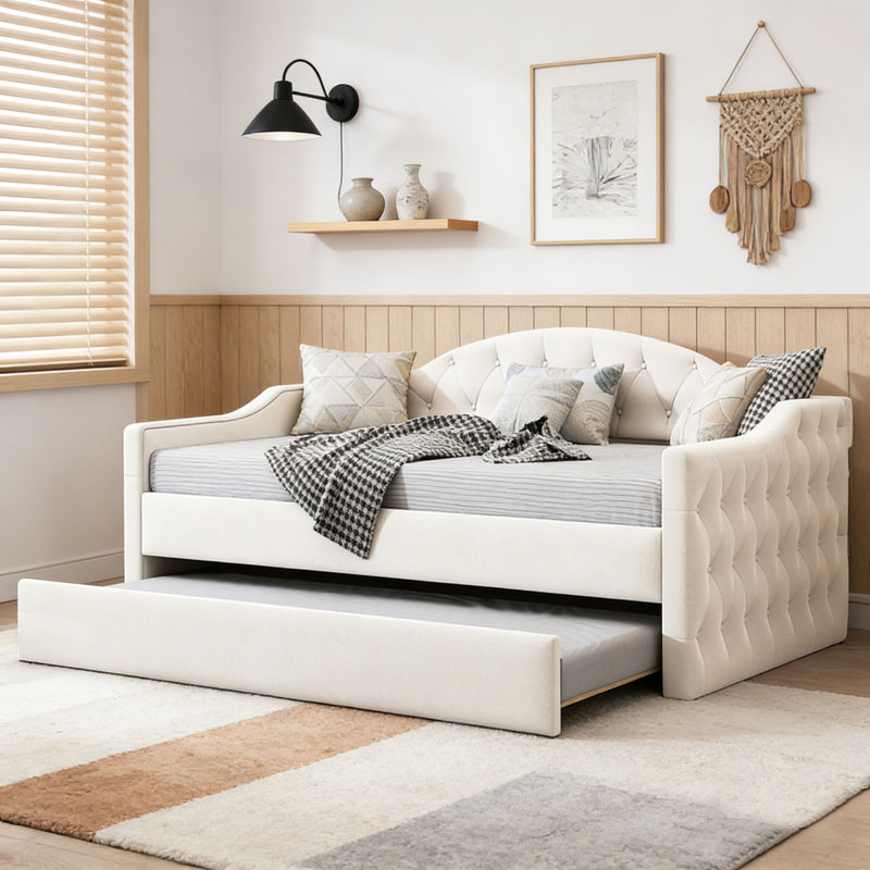 Lit de jour capitonné capitonné avec couchette, Beige
