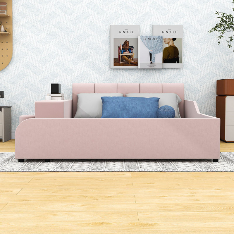 Lit plateforme en velours avec bureau Wakeeny, Double, Rose