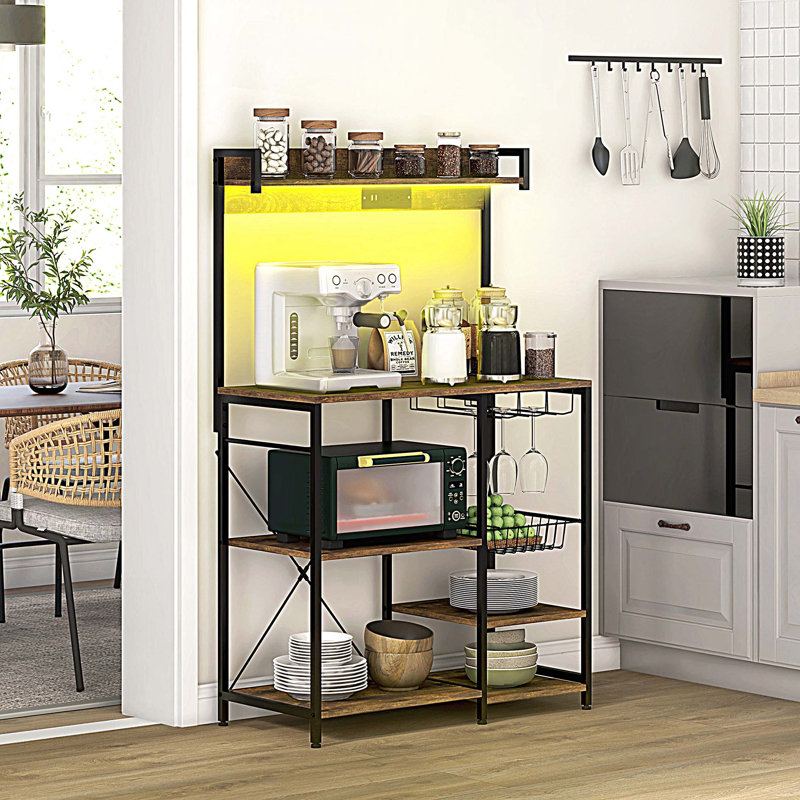 Étagère de boulanger avec prise de courant et lumières DEL, étagères de boulanger multiples pour cuisines avec rangement et support pour micro-ondes