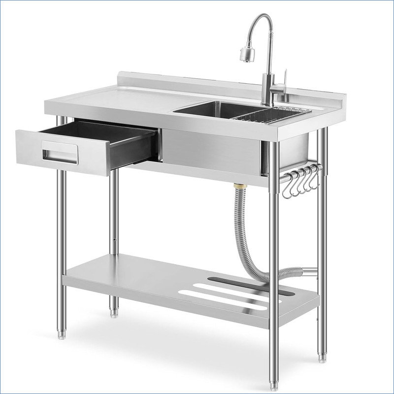 Stainless Steel Utility Sink, Freestanding Single Bowl Sink with Right Drawer and Workbench, Commercial Laundry Sink with Retractable Cold&Hot Water Faucet and Hooks, for Kitchen Garage Indoor&Outdoor