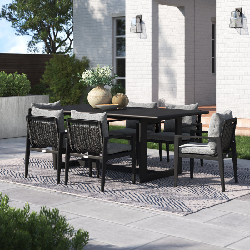 Trosclair 7 Piece Outdoor Patio Dining Table Set in Aluminum with Grey Cushions