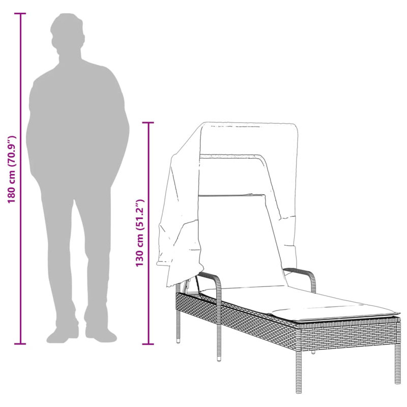 Chaise longue Ebern Designs avec auvent et table en rotin de polyester brun, Bleu marine / gris