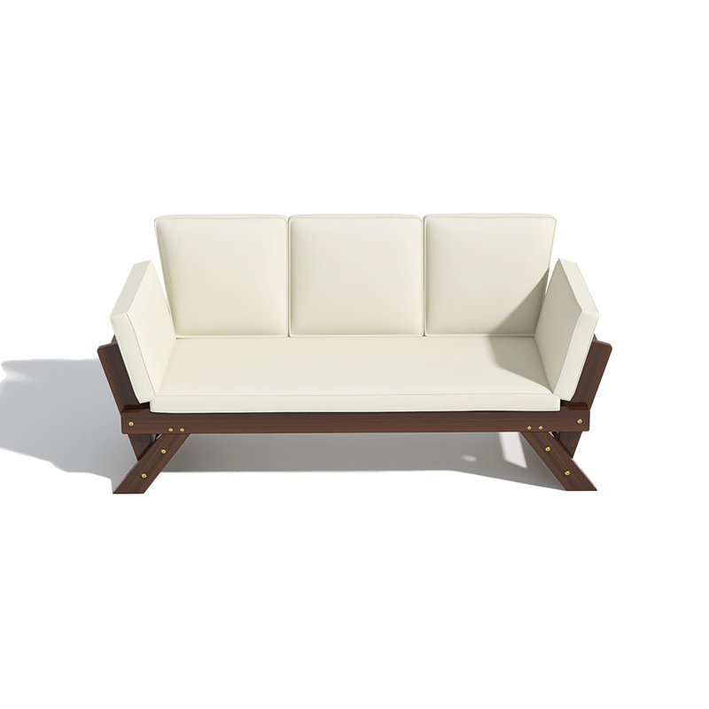 78.7" Brown Solid Wood Outdoor Patio Day Bed with Gray Cushions, Beige