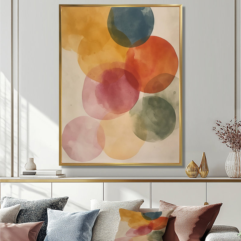 Aquarelle de cercles ascendants, reproduction d'art abstrait, Cadre flottant doré, H 32 po x l 24 po