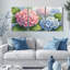 Hydrangées, impression sur toile, ensemble de 3 panneaux (fleurs roses et bleues avec feuilles vertes), idéal pour le salon, la chambre à coucher ou la salle de bain-836971810