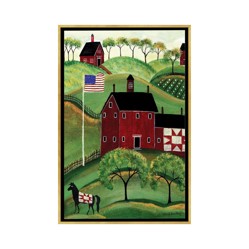 Reproduction d’art graphique imprimée « American Red quilt House » par Cheryl Bartolo, H 26 po x l 18 po x P 1,5 po