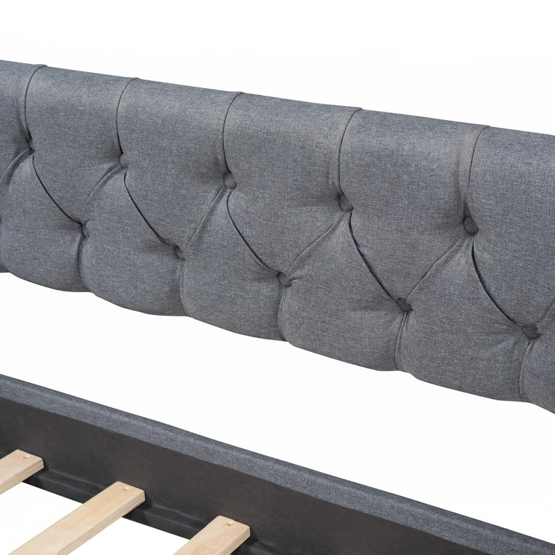 Upholstered Daybed With Two Drawers, Wood Slat Support, Gray, Twin