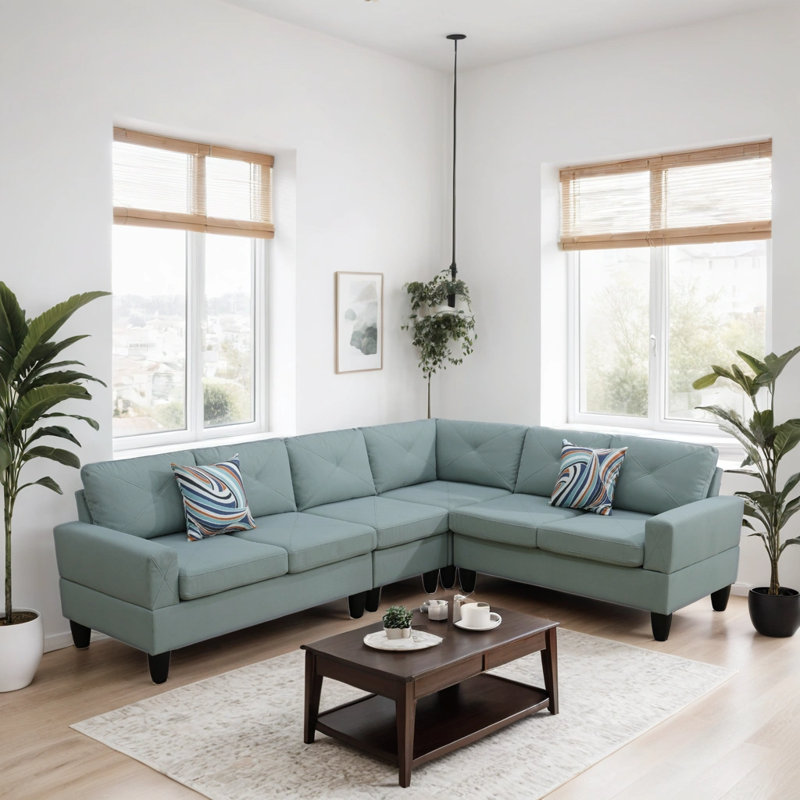 Caelean Upholstered L-Shaped Sectional Reversible, Pale Green Linen Blend, Black