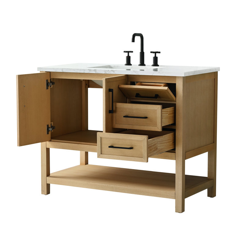 Meuble-lavabo simple 42 po avec plateau en pierre reconstituée Stratford, Chêne clair / noir mat