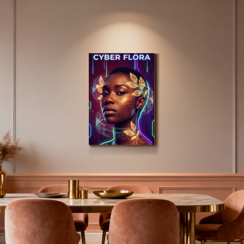 Ensemble de 1 tableau mural Cyber ​​​​Flora Neon Circuit Woman sur toile tendue, H 36 po x l 24 po