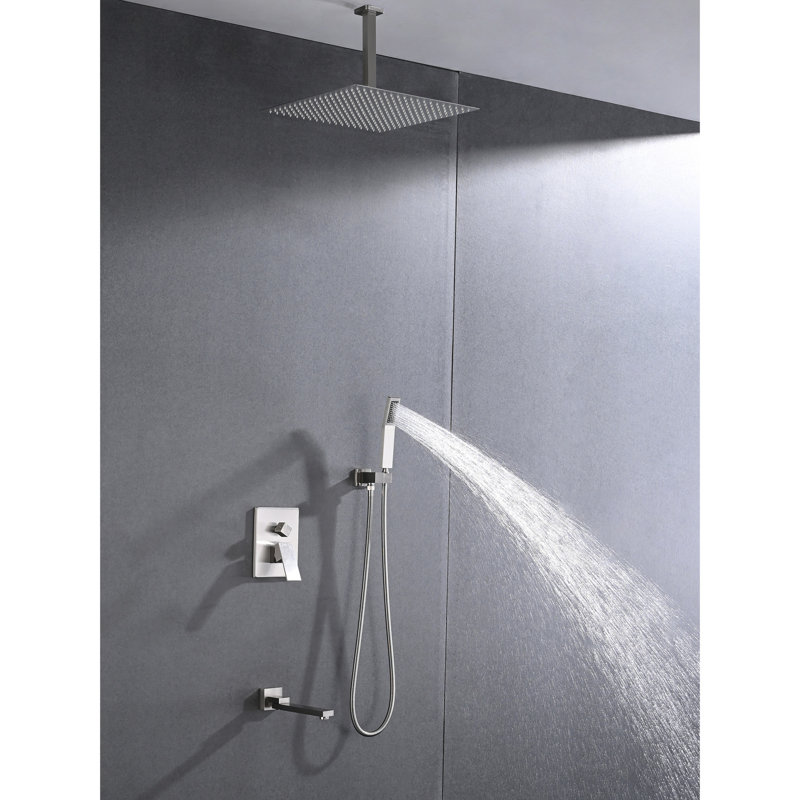 Douche de plafond en acier inoxydable au fini nickel brossé avec douchette et tête de 16 po