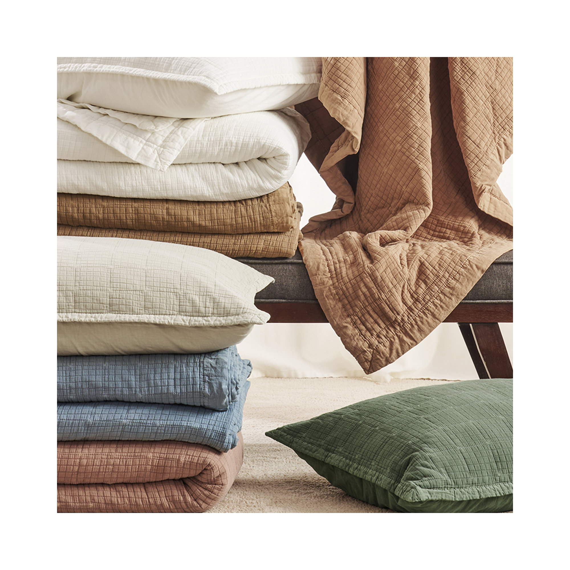 Stonewashed Crinkle Cotton Box Stitch Quilt Set, Queen Quilt + 2 Queen Shams, Flax Beige