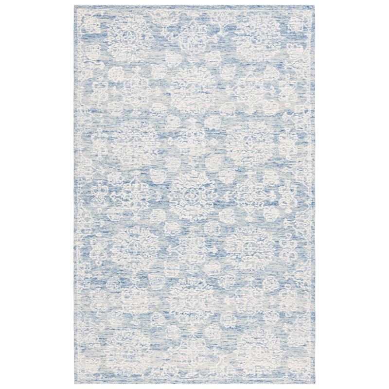 Rashea Ebony Hand Tufted Wool Cotton Floral Rug in Blue/Ivory, Square 6'