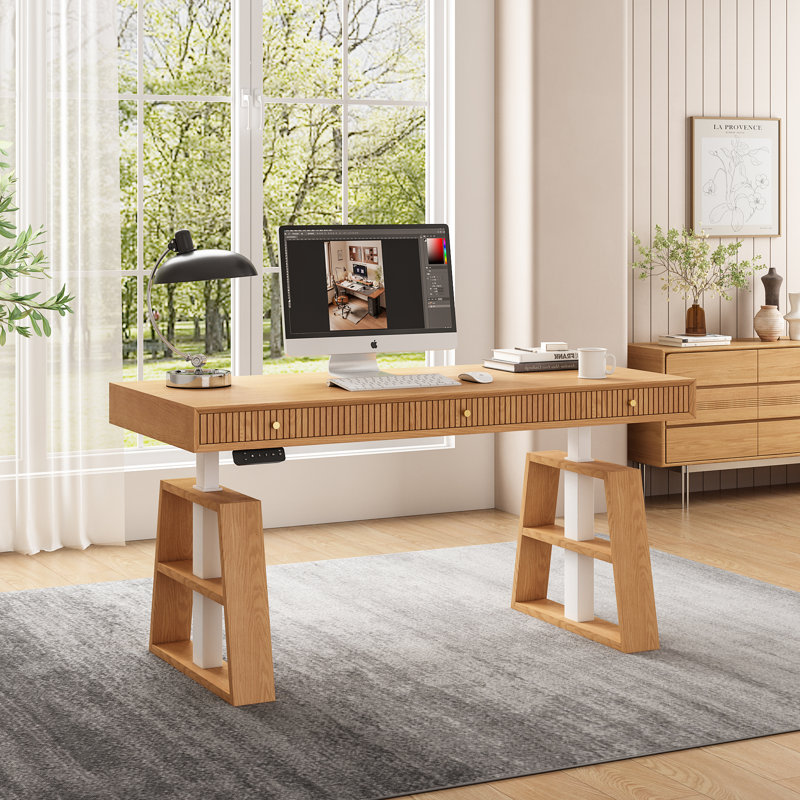 63" Ash Wood Standing Desk with 3 Storage Drawers, Transitional Electric Height Adjustable Computer Work Table for Home Office