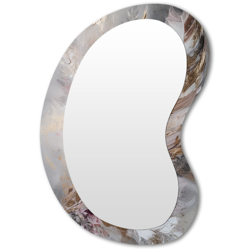 Haugan Pink Feather Boho Majesty I - Glam Feather Unique Shape Wall Mirror, Pink Asymmetrical Decorative Mirror, Printed Metal Art