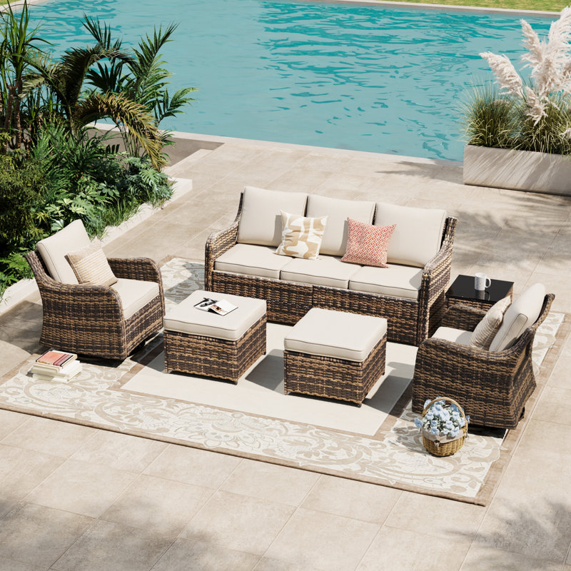  Patio Furniture Set With Swivel Rocking Chairs, 6 Pieces Patio Conversation Set, Outdoor Wicker Sofa Couch With Waterproof Cushions For Lawn Backyard Porch (Brown)