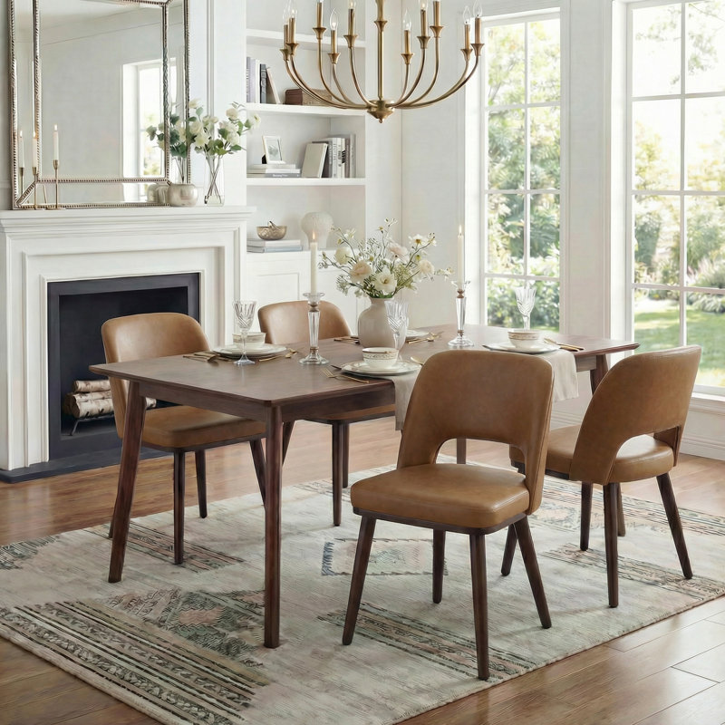 Mason Upholstered Faux Leather Side Dining Chair With Solid Wood Legs , Brown, 4