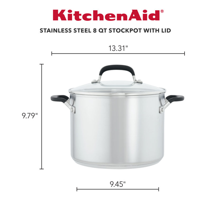 KitchenAid Stainless Steel Induction Stockpot with Measuring Marks and Lid, 8 Quart, Brushed Stainless Steel