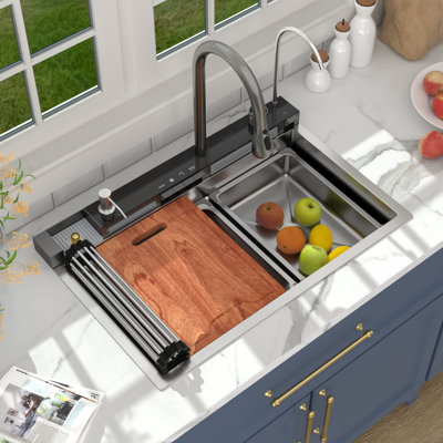 30" x 19" Digital Display Waterfall Kitchen Sink 16 Gauge Stainless Steel Workstation Kitchen Sink Drop In Single Bowl  Kitchen Sink with Accessories