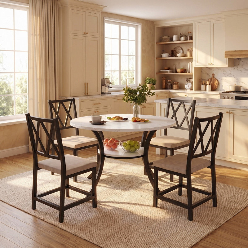 5-Piece 35.4" Round Extendable Dining Table Set, Cream, White, Black