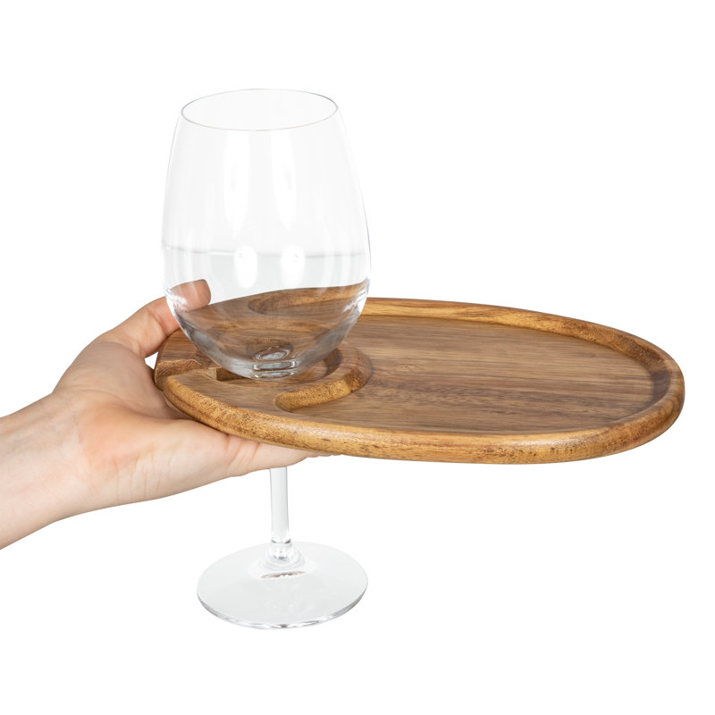 Acacia Wood Wine Appetizer Plates with Glass Holder, Set of 4
