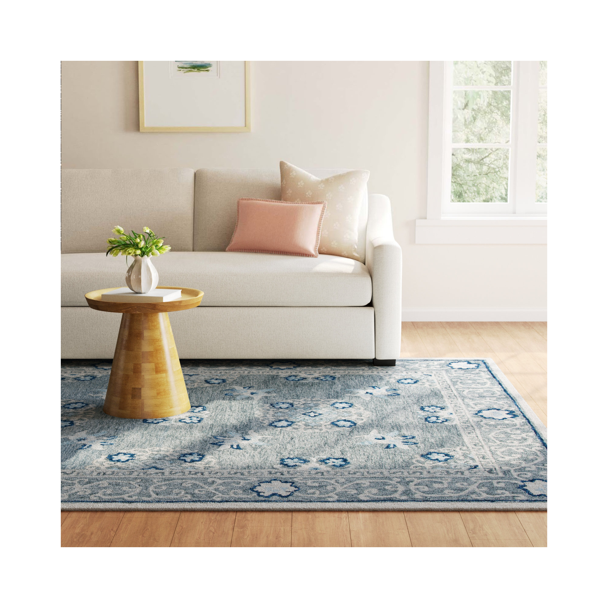 Akins Oriental Handmade Tufted Wool Gray/Ivory Area Rug, Rectangle 3' x 5'