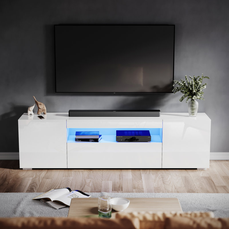 Caelainn High Gloss TV Stand & TV Cabinet, 1 Flip Door, 2 Side Doors, RGB Remote, 15W, Fits 60" TV, 49" H x 180" W x 35" D